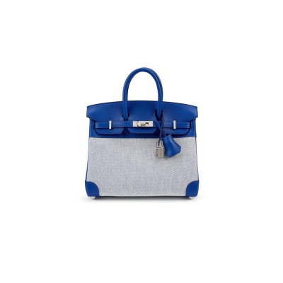 HERMES BLEU FRANCE SWIFT AND TOILE BIRKIN 25 PALLADIUM HARDWARE (25*20*13cm)